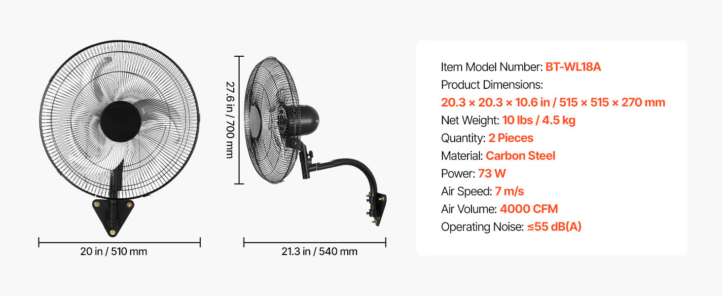 Wall Mount Fan 18/20 Inch 3-Speed Adjustable Rotation Angle