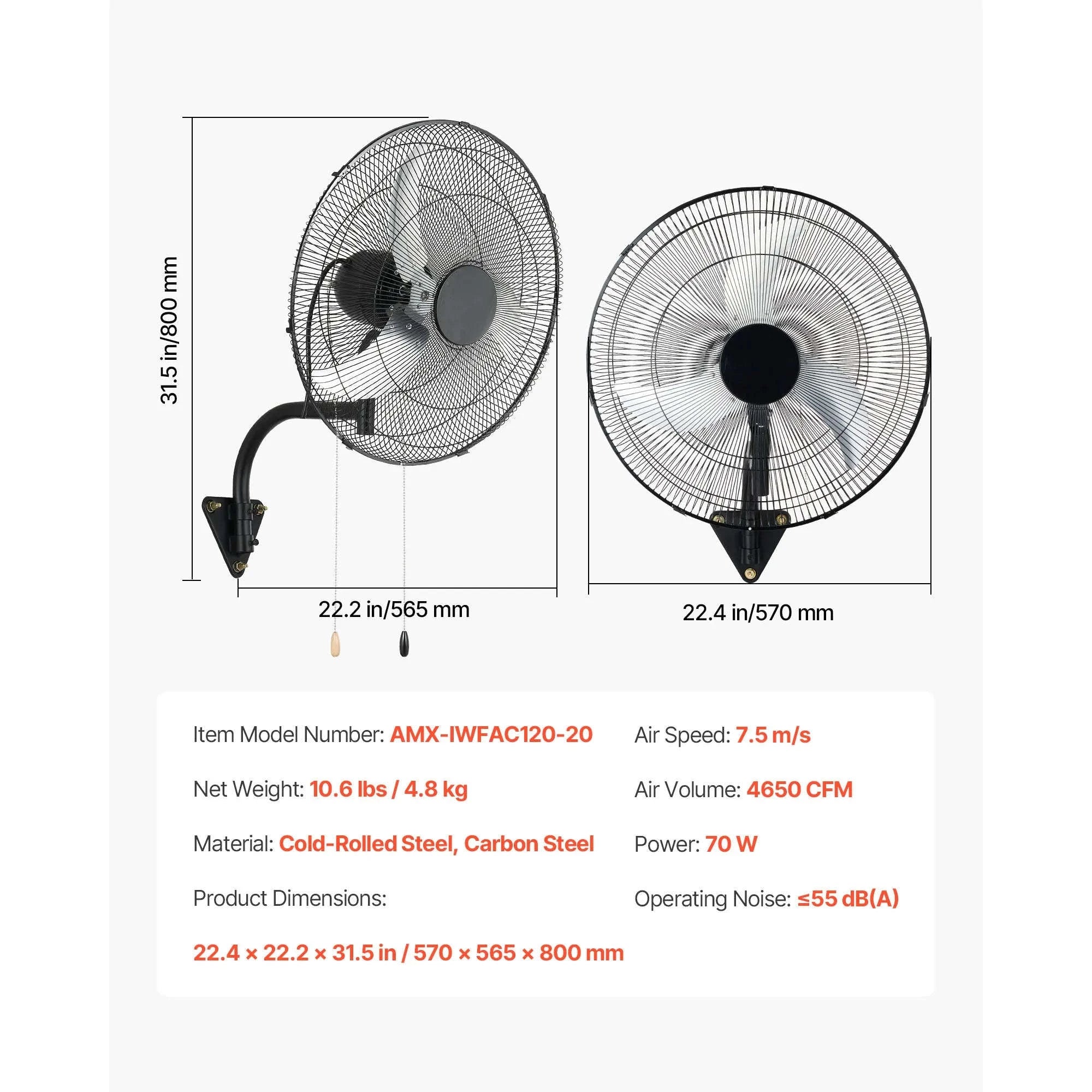 Wall Mount Fan 18/20 Inch 3-Speed Adjustable Rotation Angle-20in / United States