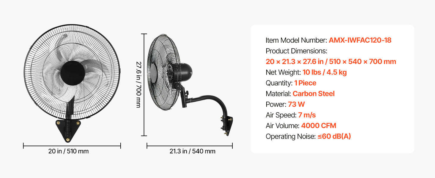 Wall Mount Fan 18/20 Inch 3-Speed Adjustable Rotation Angle-20in / United States