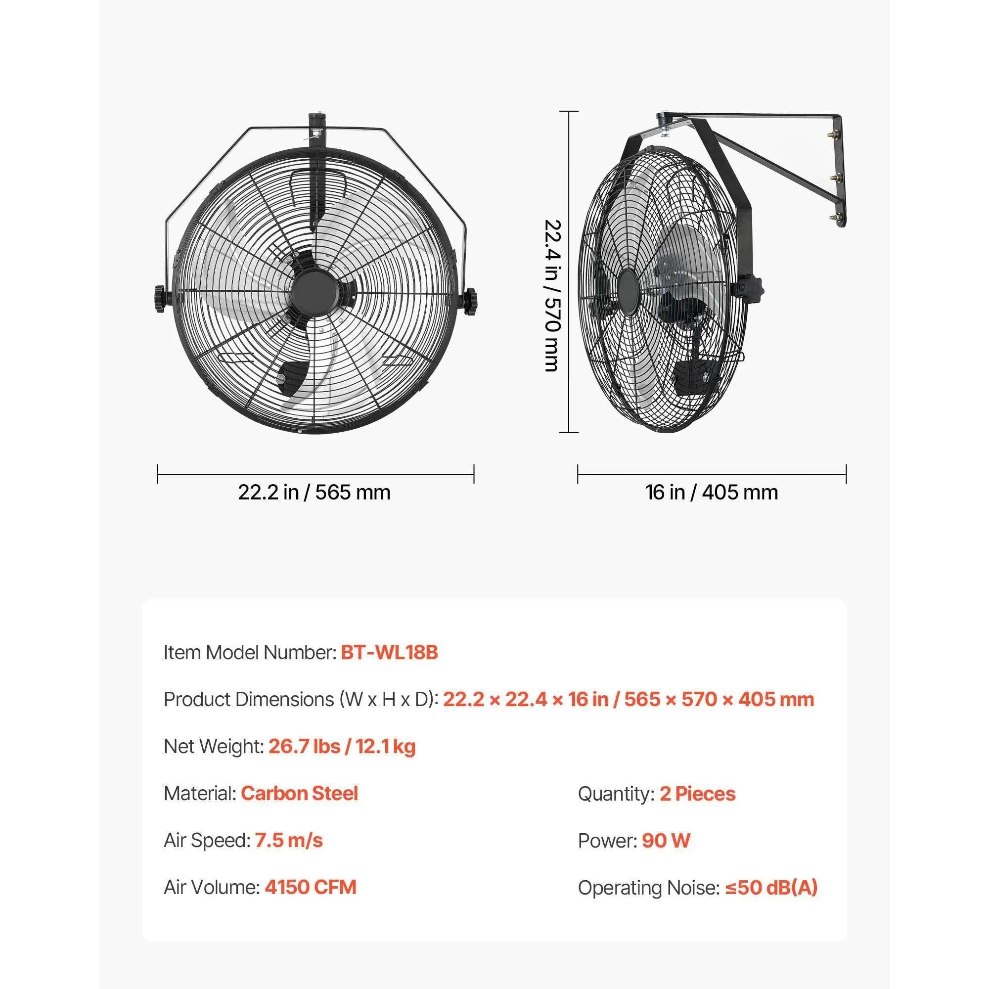Wall Mount Fan 18/20 Inch 3-Speed Adjustable Rotation Angle-20in / United States