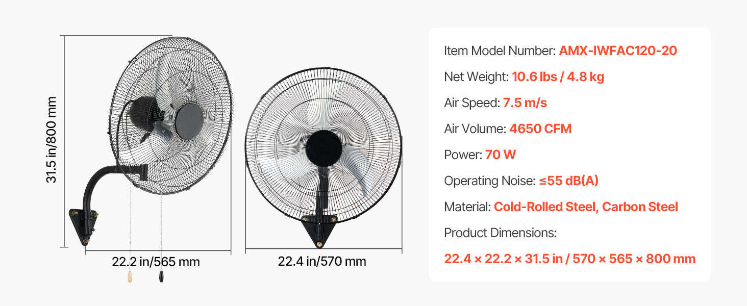 Wall Mount Fan 18/20 Inch 3-Speed Adjustable Rotation Angle-20in / United States