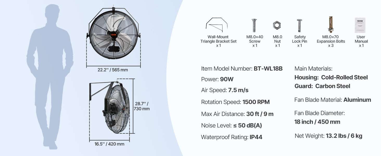 Wall-Mount Misting Fan 3-Speed Oscillating IP44 9500 CFM-20in Rocking / United States