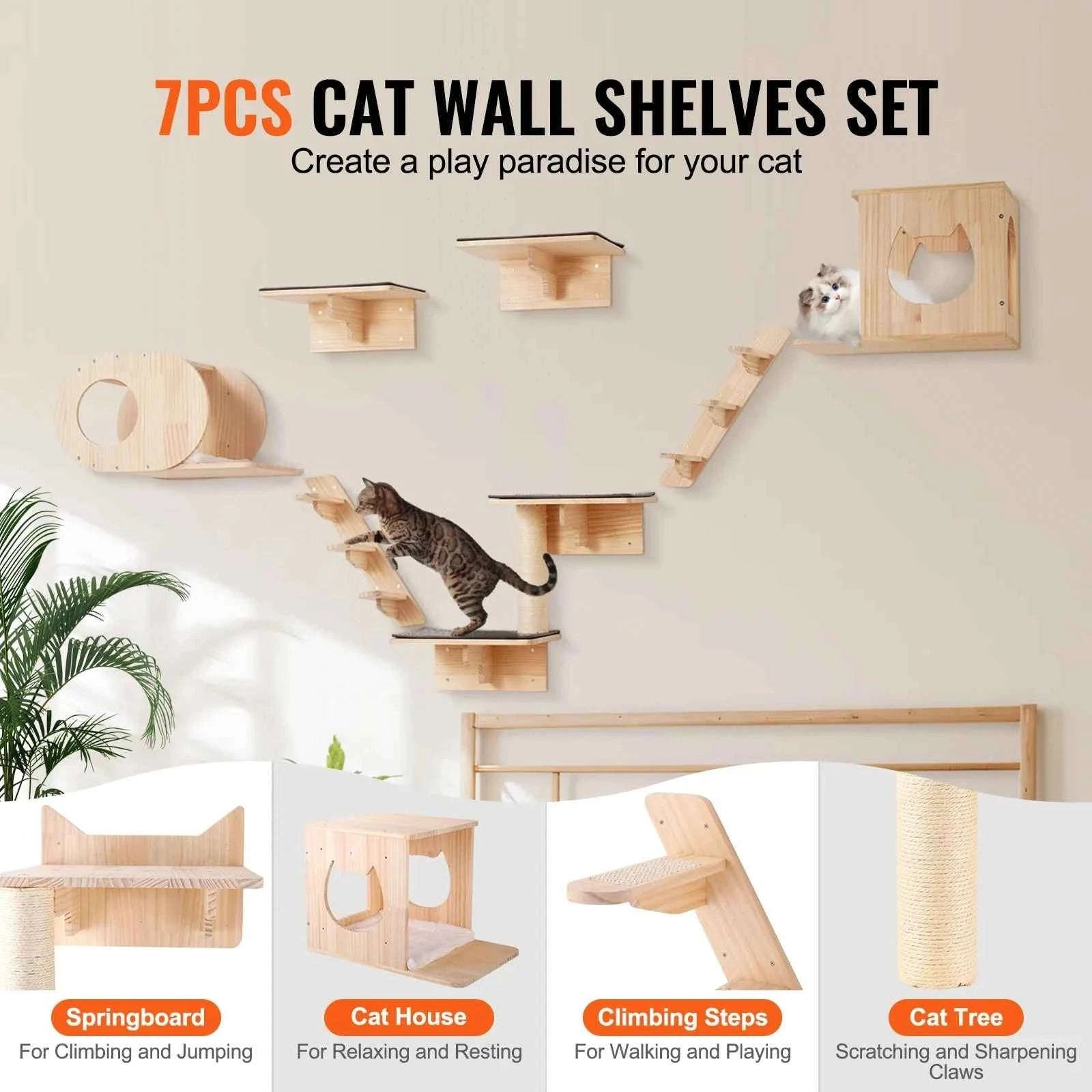 Wall Mounted Cat Shelves with Jumping Boards, Hammocks and Cat Tree-7sets / Poland