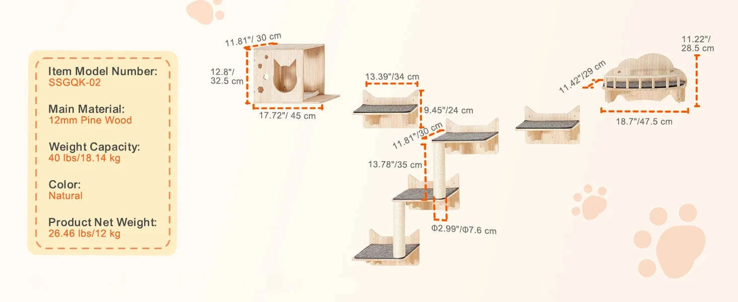 Wall Mounted Cat Shelves with Jumping Boards, Hammocks and Cat Tree-7sets / Poland