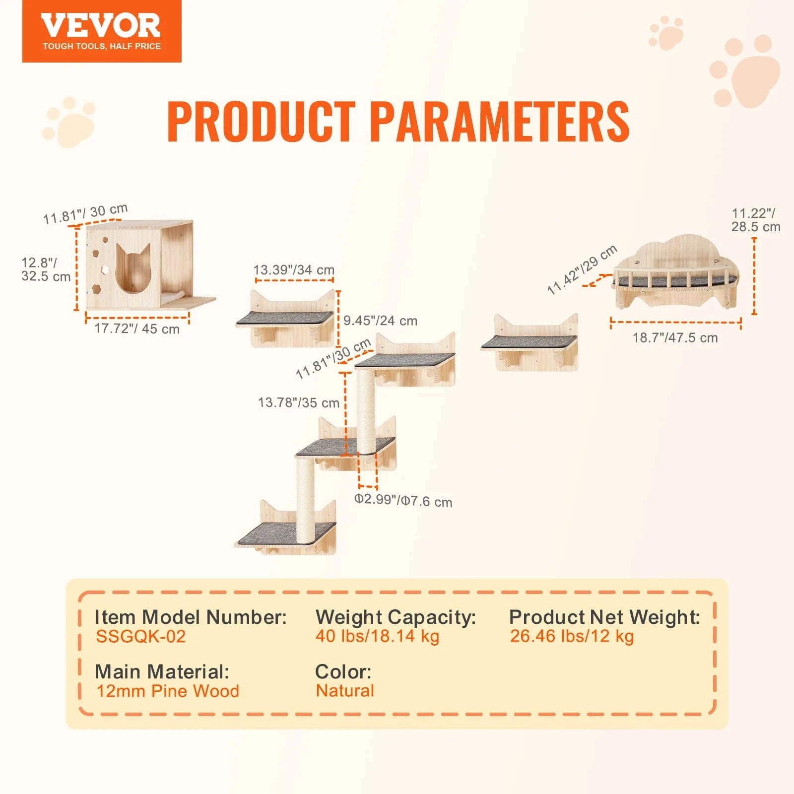Wall Mounted Cat Shelves with Jumping Boards, Hammocks and Cat Tree-7sets / Poland