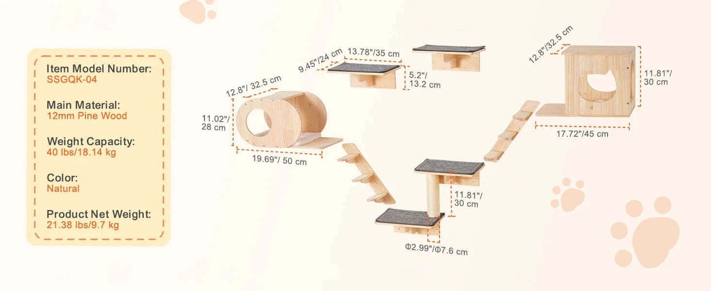 Wall Mounted Cat Shelves with Jumping Boards, Hammocks and Cat Tree-7sets / Poland
