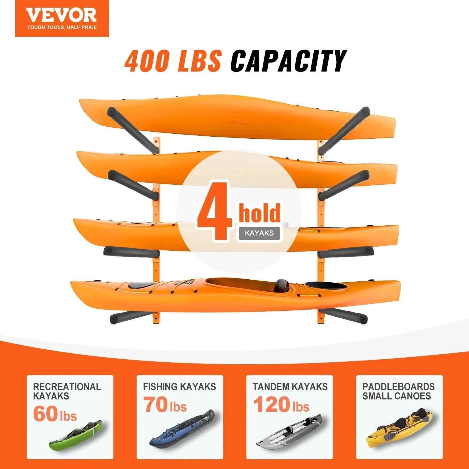 Wall Mounted Kayak Storage Rack 4-Capacity 400 lbs Load-wall4pcs / United States