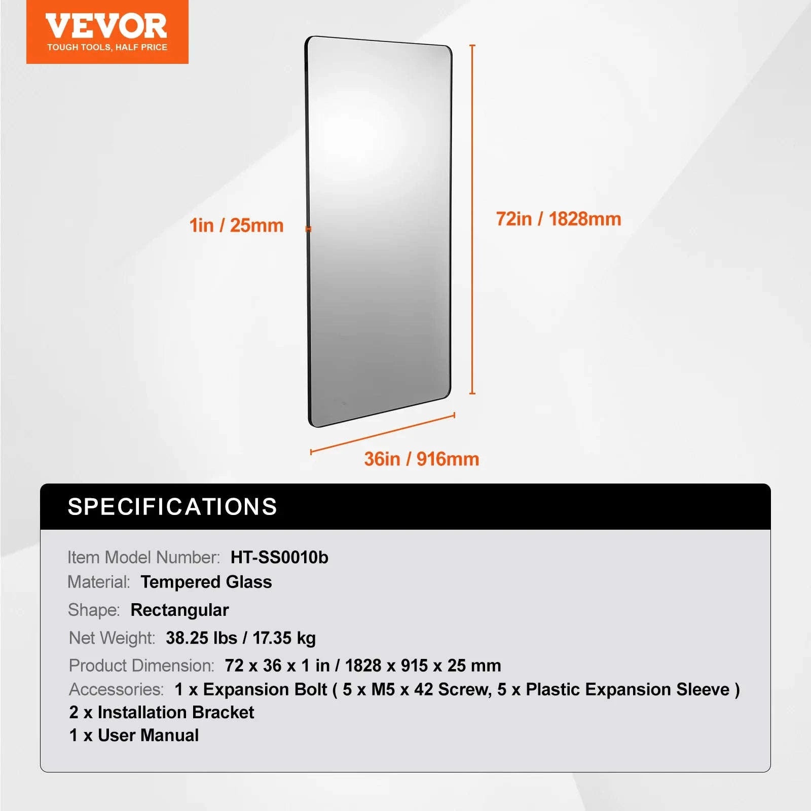 Wall Mounted Makeup Mirror with Aluminum Alloy Frame and Shatter-Resistant Film-28x60inch Black / United States