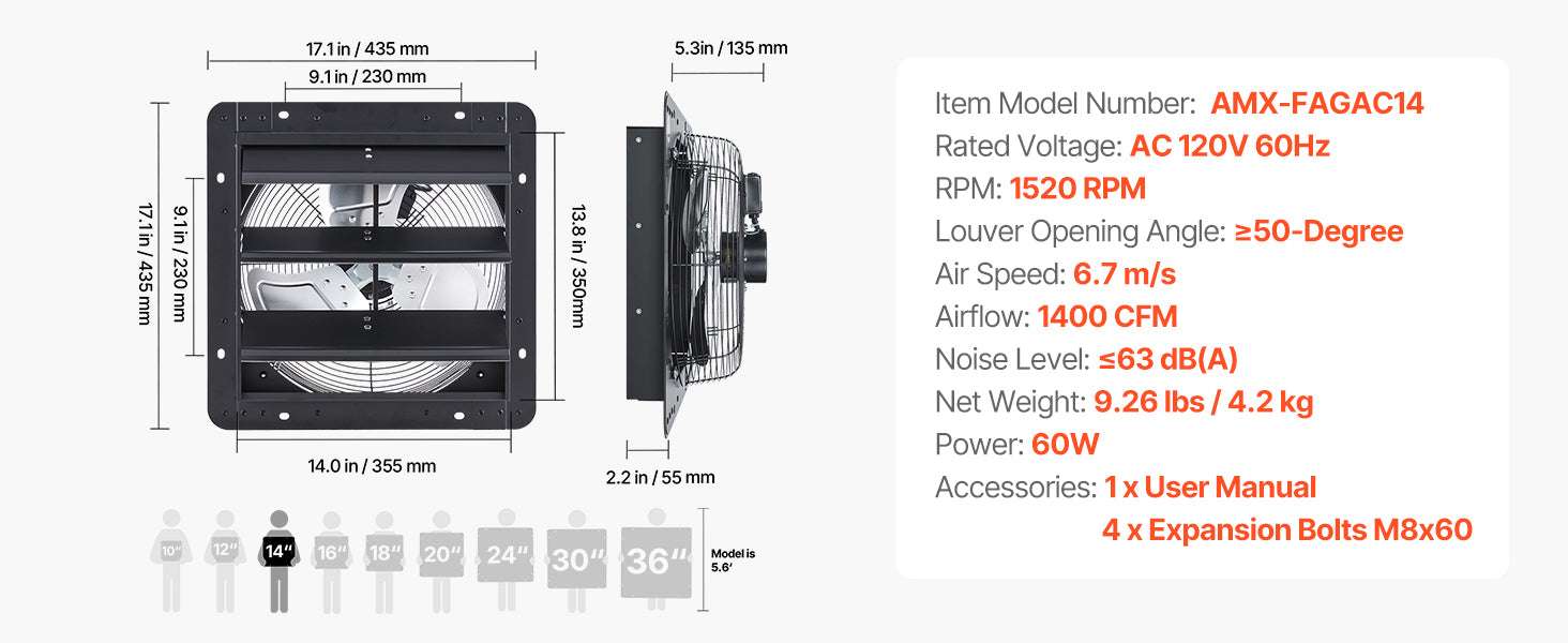Wall Mounted Shutter Exhaust Fan with Speed Control for Attic-10inch / United States