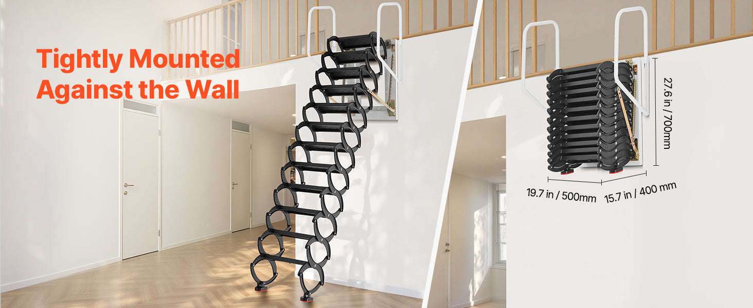Wall-Mounted Steel Attic Ladder 660 lbs Capacity for 9.5 to 10 ft Ceilings-United States / 3 m