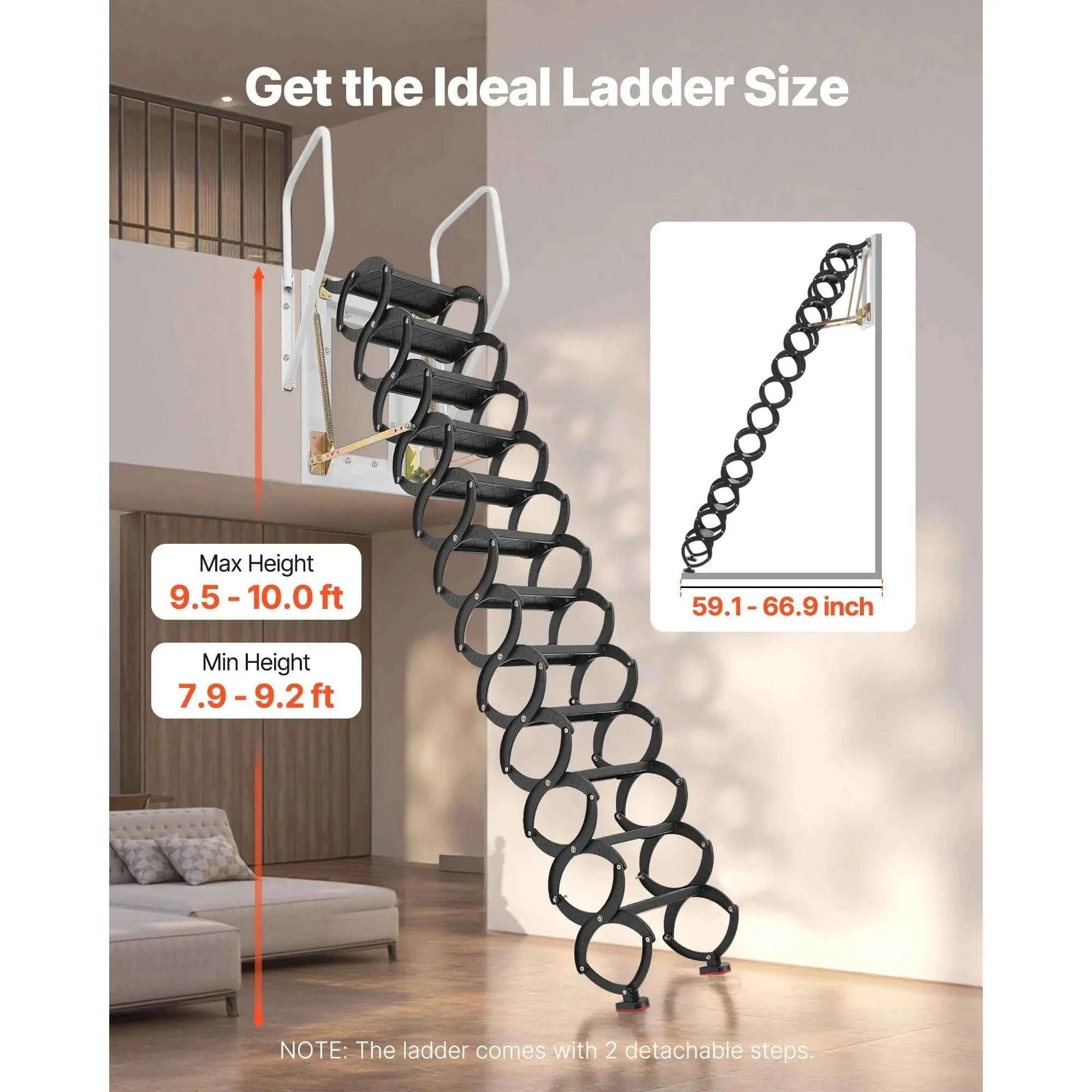 Wall-Mounted Steel Attic Ladder 660 lbs Capacity for 9.5 to 10 ft Ceilings-United States / 3 m