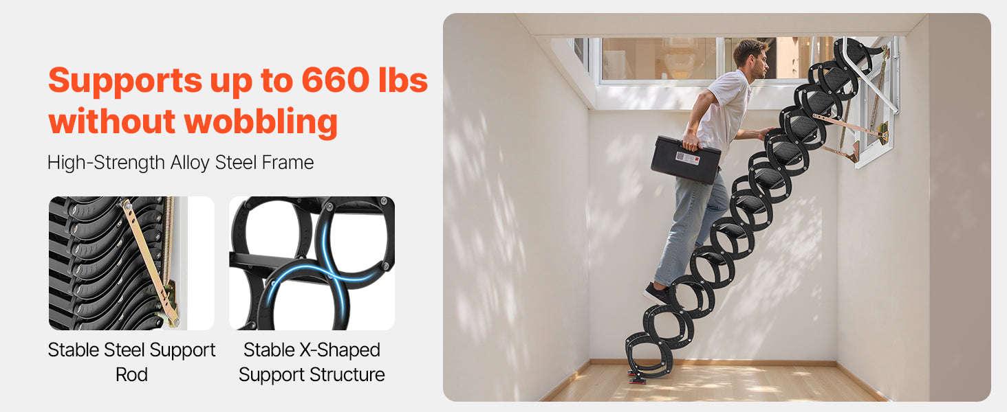 Wall-Mounted Steel Attic Ladder 660 lbs Capacity for 9.5 to 10 ft Ceilings-United States / 3 m