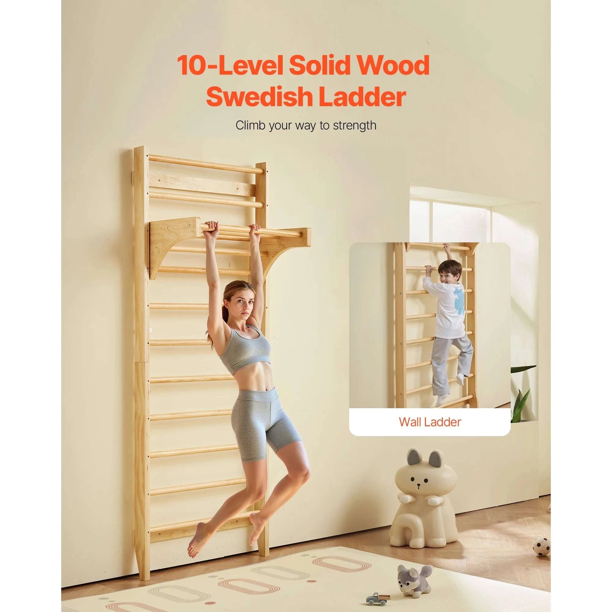 Wall-Mounted Swedish Ladder Gym for Kids & Adults (220 lbs)-15-Level / United States