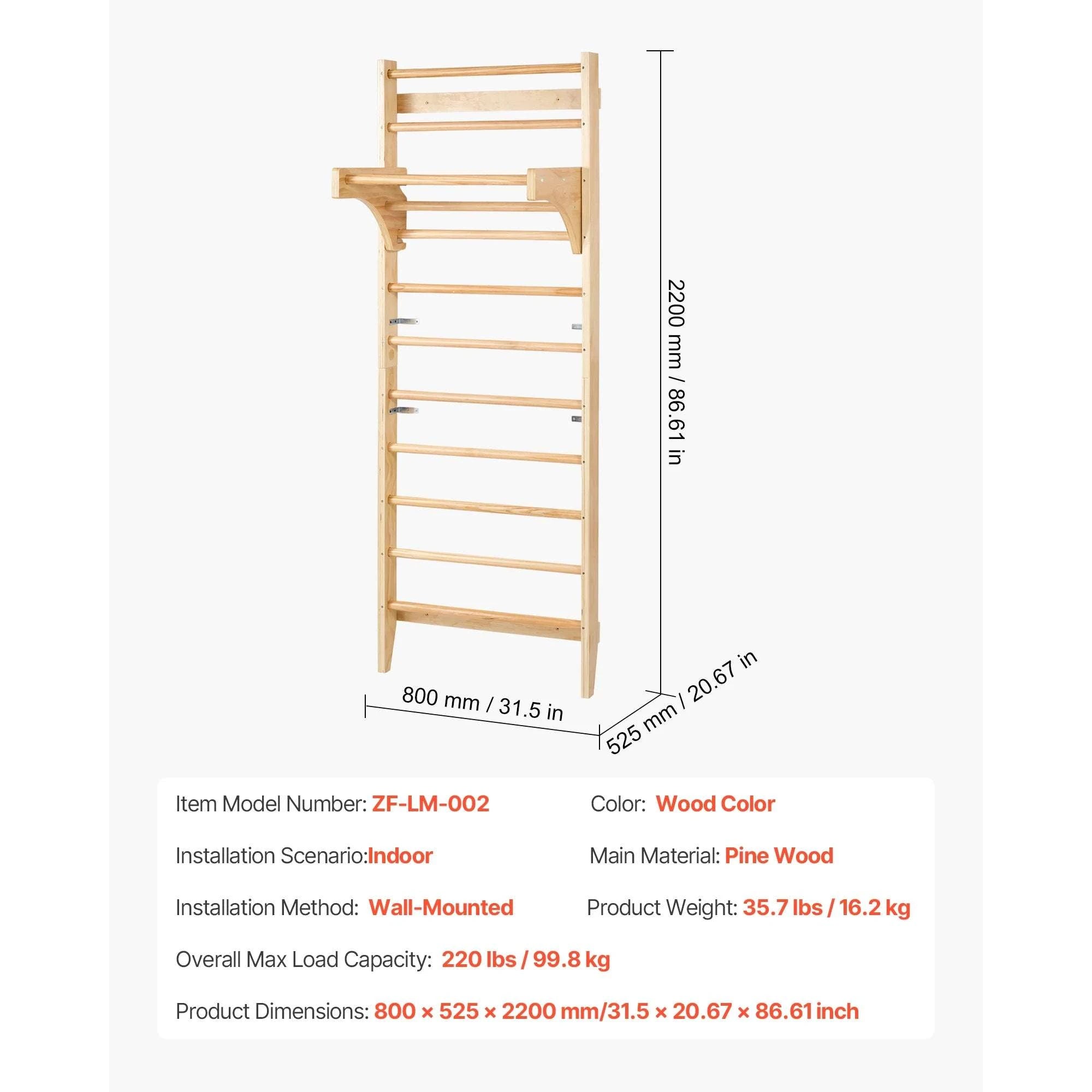 Wall-Mounted Swedish Ladder Gym for Kids & Adults (220 lbs)-15-Level / United States
