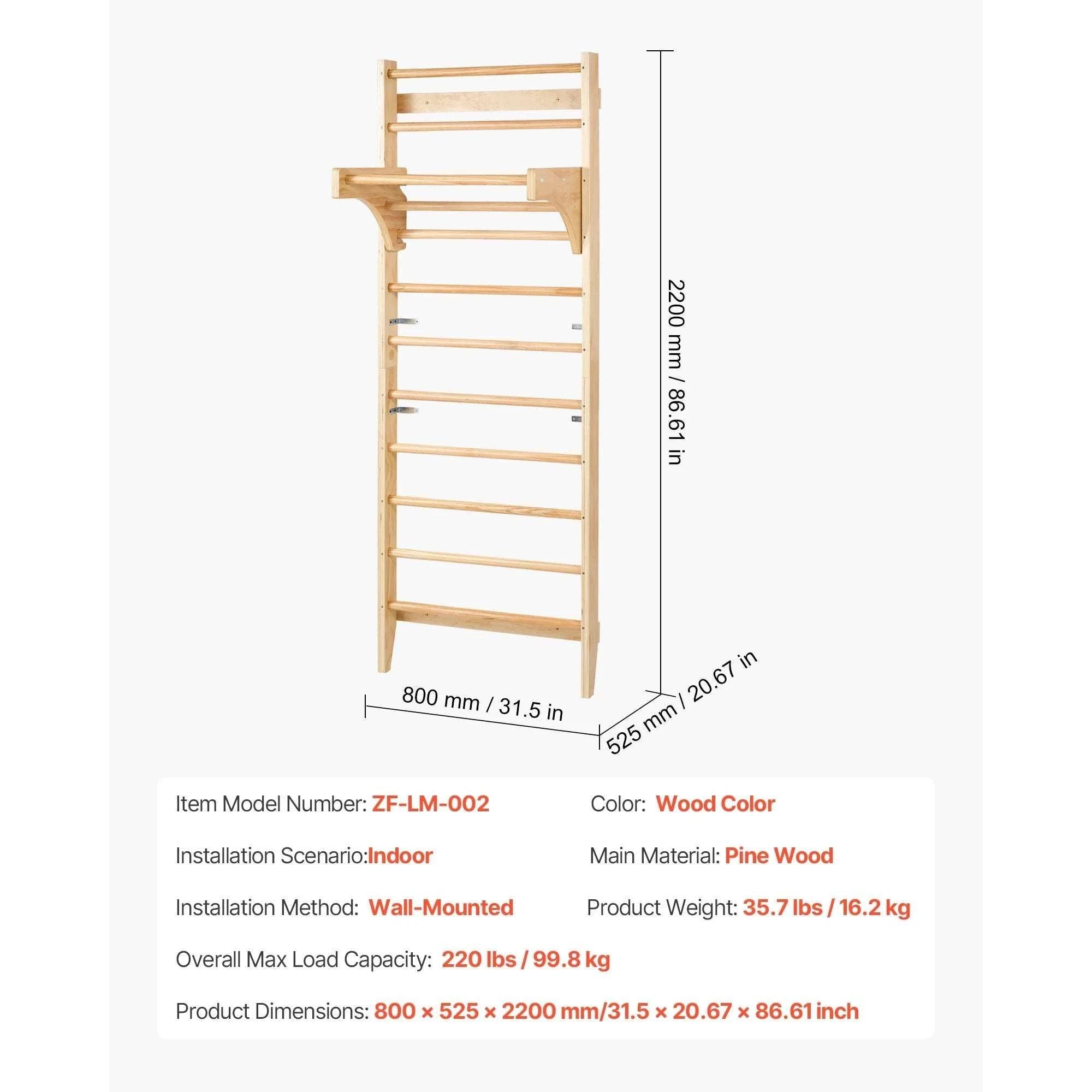 Wall-Mounted Swedish Ladder Gym for Kids & Adults (220 lbs)-15-Level / United States