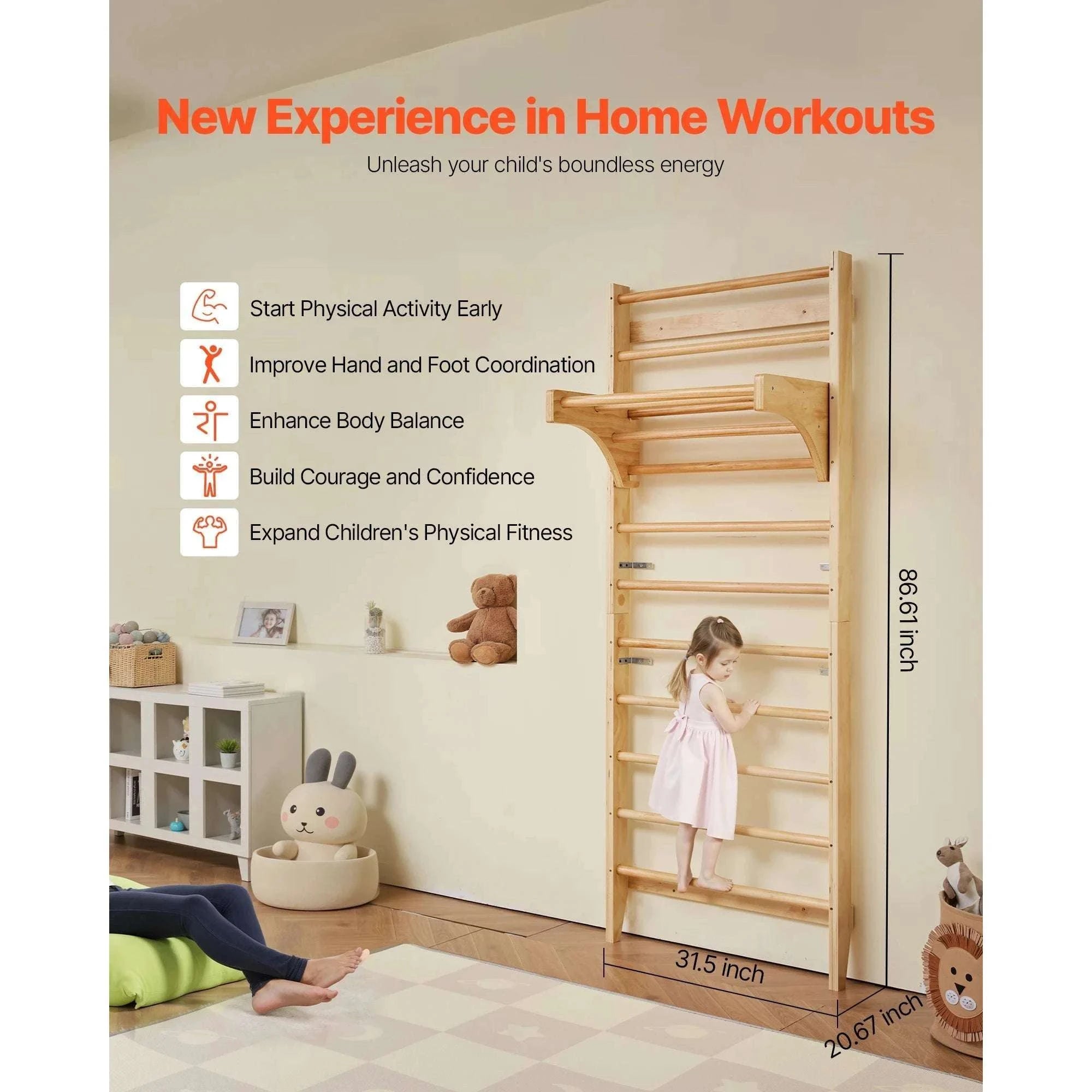 Wall-Mounted Swedish Ladder Gym for Kids & Adults (220 lbs)-15-Level / United States