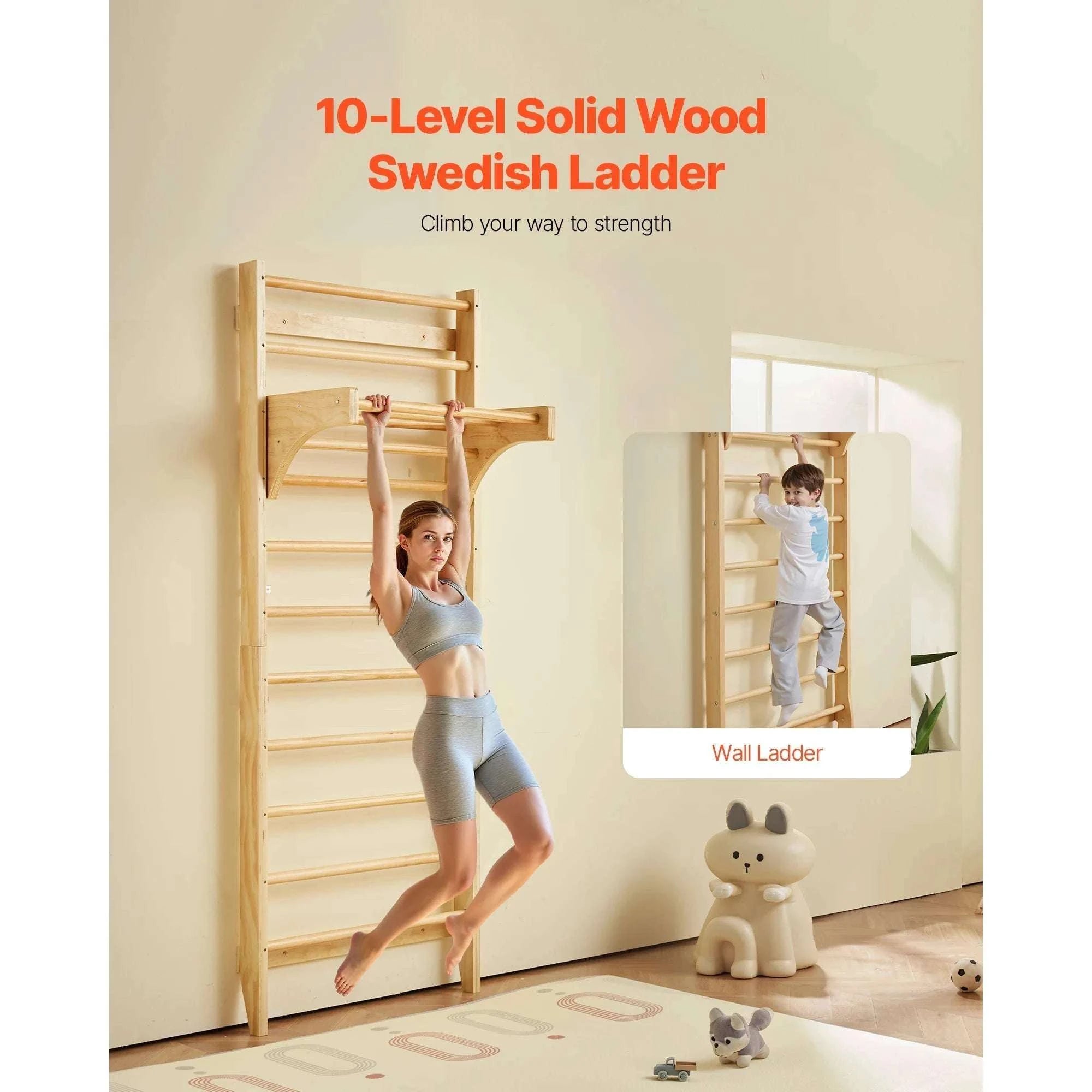 Wall-Mounted Swedish Ladder Gym for Kids & Adults (220 lbs)-15-Level / United States