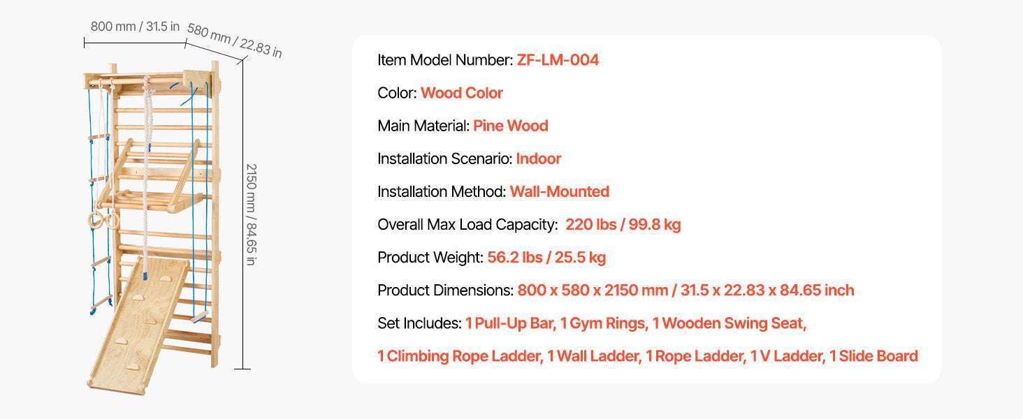 Wall-Mounted Swedish Ladder Gym for Kids & Adults (220 lbs)-15-Level / United States