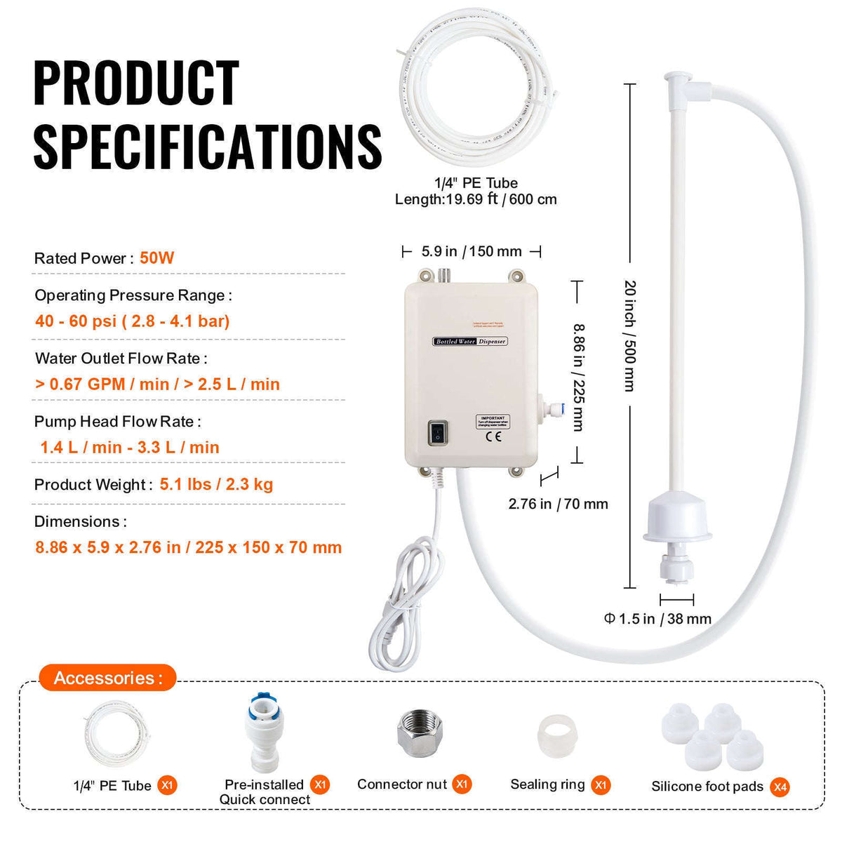 Water Bottle Dispenser Pump System for Refrigerator and Ice Maker-One Pipe Type 1 / Australia