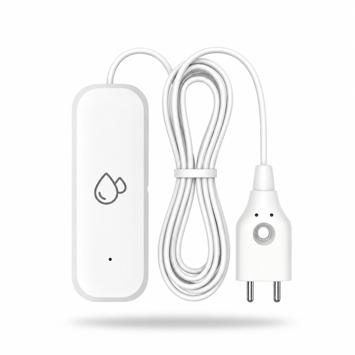 White water leak sensor with cable and two-pin probe on white background