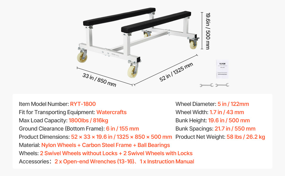 1800 lbs Jet Ski Dolly Cart with Wheels & Fixed Bunk Stand