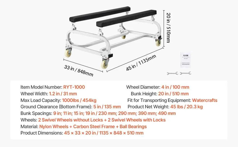 Watercraft Dolly Cart with Adjustable Bunks & Locking Wheels-1000 Lbs