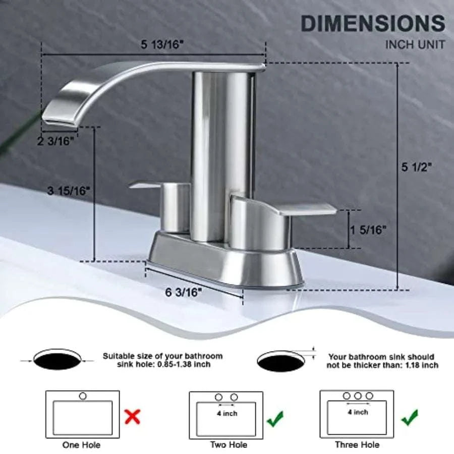 Waterfall Bathroom Sink Faucet with Dual Handles & Pop-Up Drain-United States / BrushedNickel