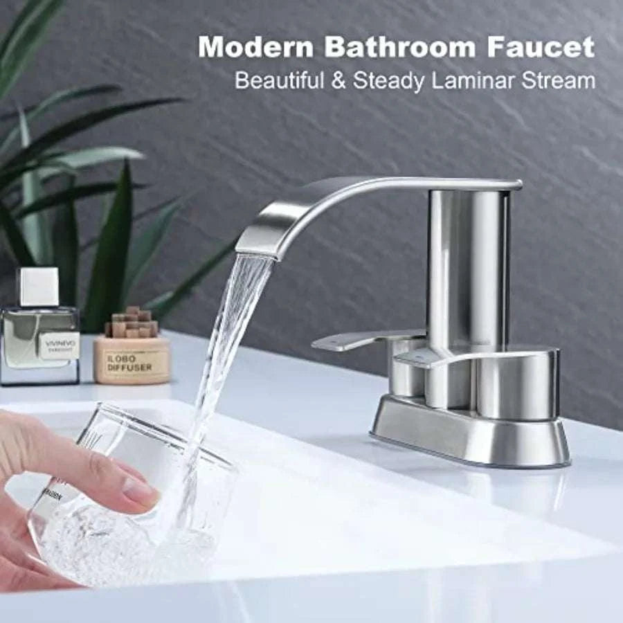 Waterfall Bathroom Sink Faucet with Dual Handles & Pop-Up Drain-United States / BrushedNickel