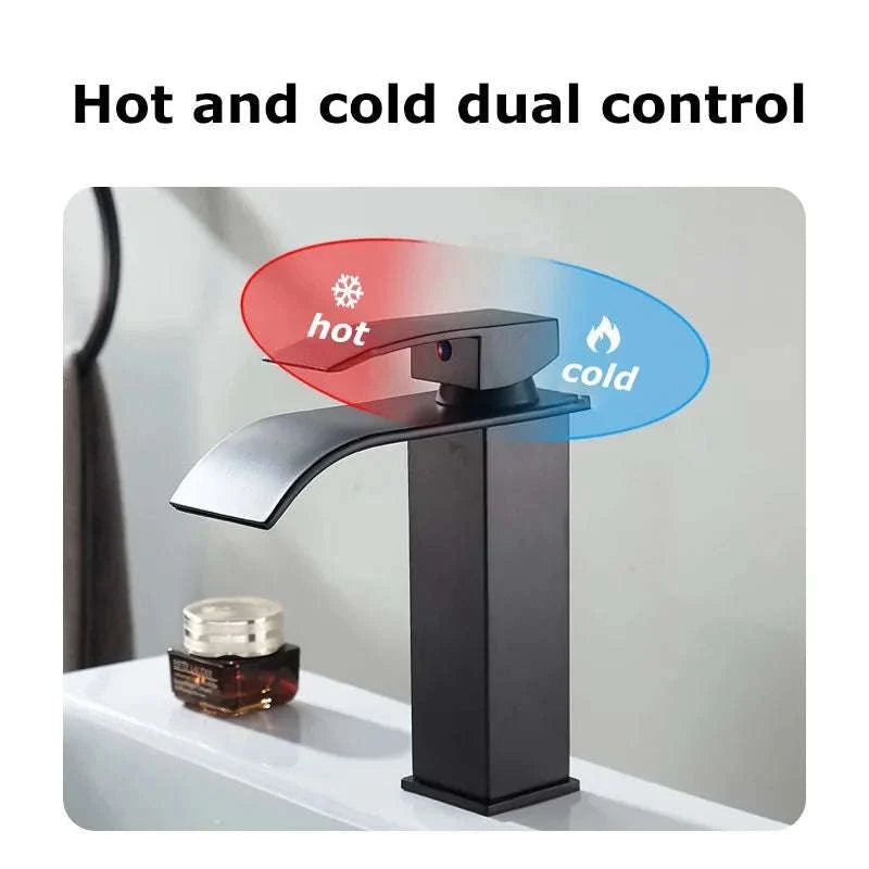 Waterfall Wash Basin Faucet in Black Stainless Steel-silver short