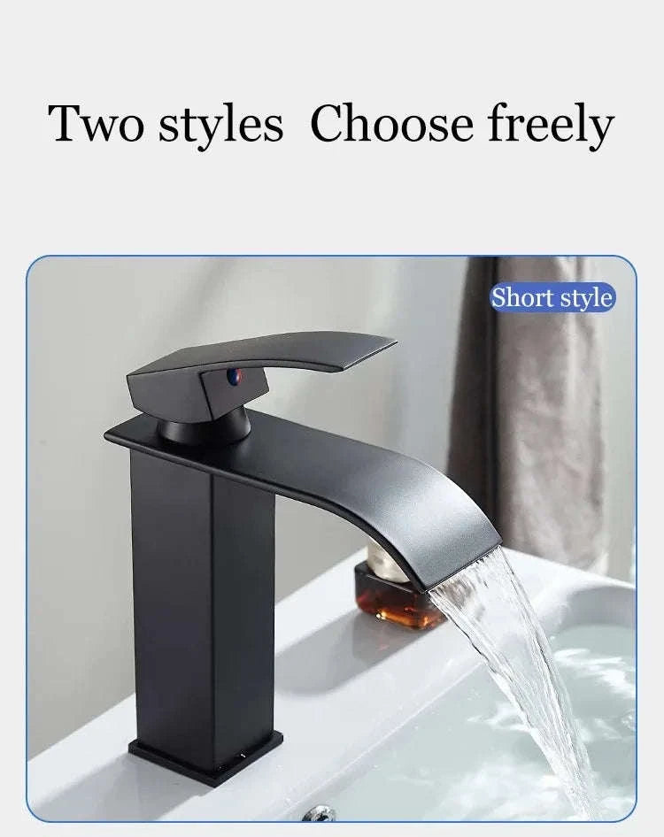 Waterfall Wash Basin Faucet in Black Stainless Steel-silver short