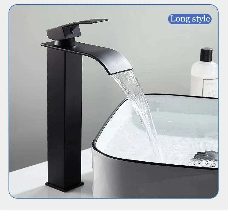 Waterfall Wash Basin Faucet in Black Stainless Steel-silver short