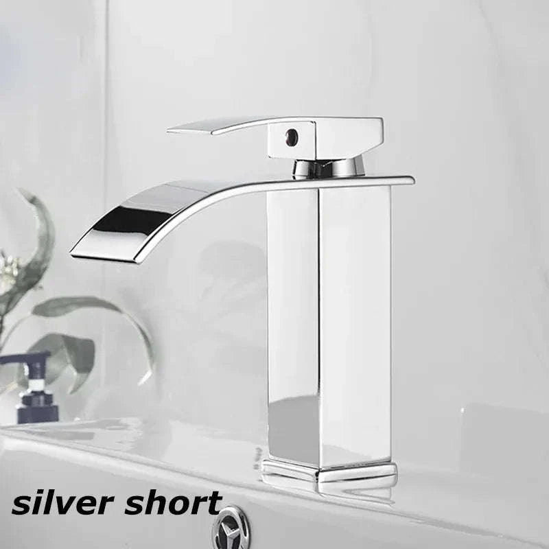 Waterfall Wash Basin Faucet in Black Stainless Steel-silver short