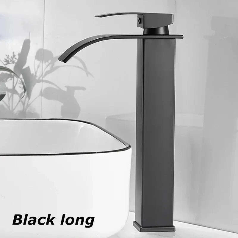 Waterfall Wash Basin Faucet in Black Stainless Steel-silver short