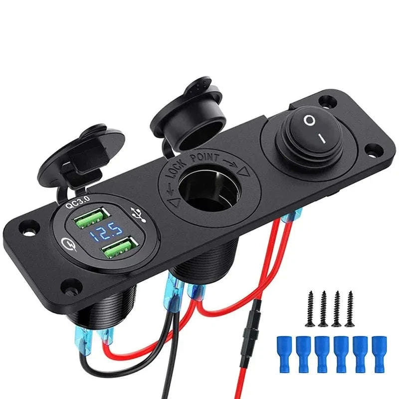 Waterproof 12V/24V Dual USB Car Socket with LED Voltmeter Touch Switch-NO wire A