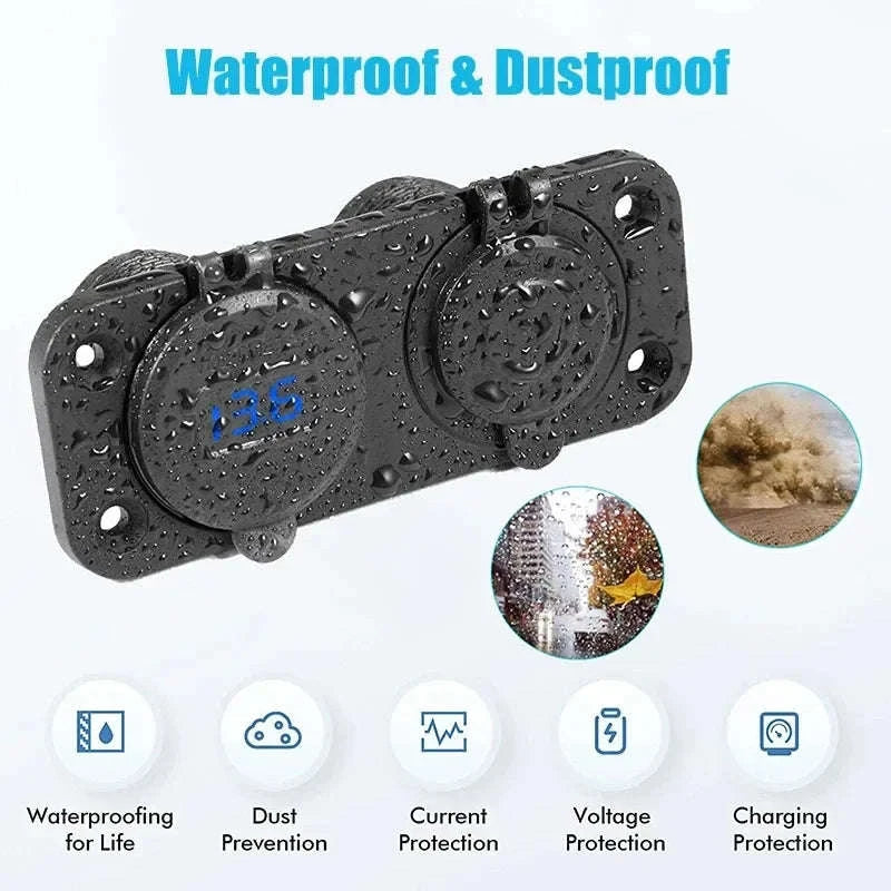 Waterproof 12V/24V Dual USB Car Socket with LED Voltmeter Touch Switch-NO wire A