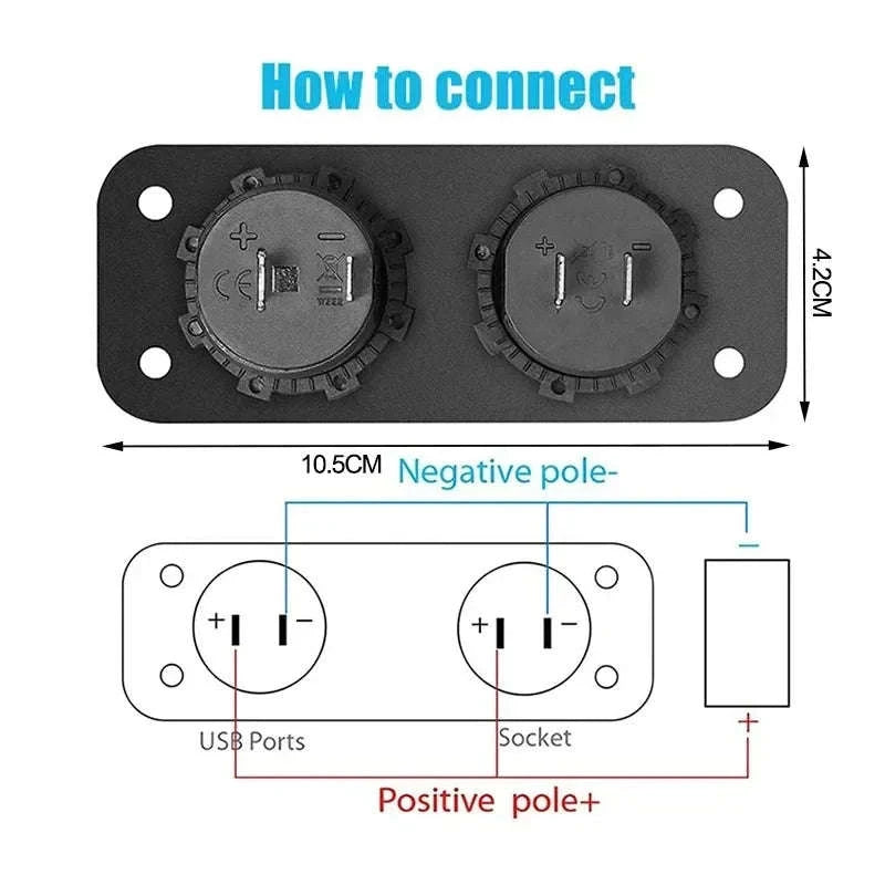 Waterproof 12V/24V Dual USB Car Socket with LED Voltmeter Touch Switch-NO wire A
