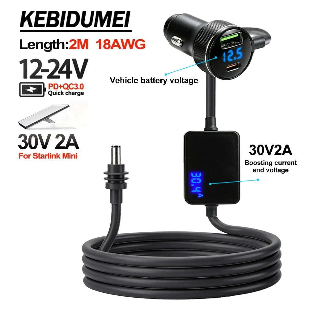Waterproof 12V-24V to 30V Step Up Power Adapter with Digital Voltmeter-2 Meters 30V 2A