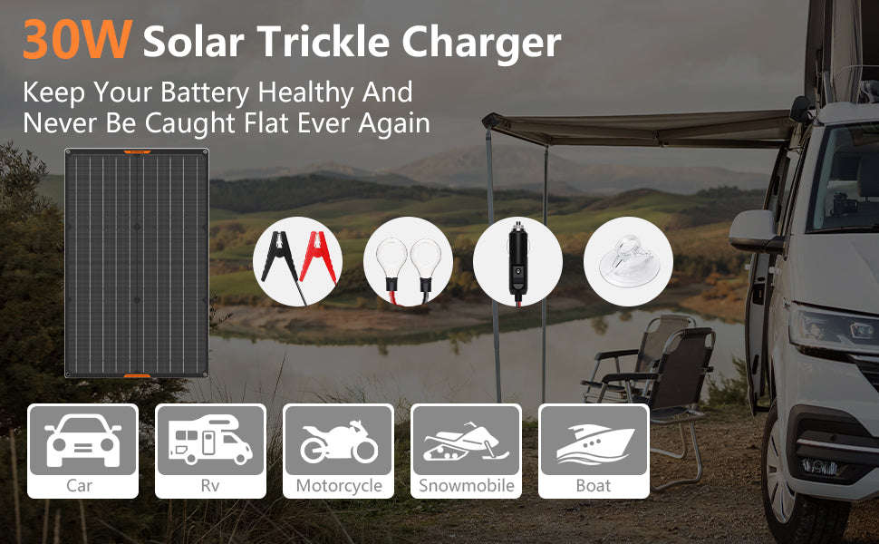 Waterproof 30W 12V Solar Battery Charger & Maintainer-Black / CZECH REPUBLIC