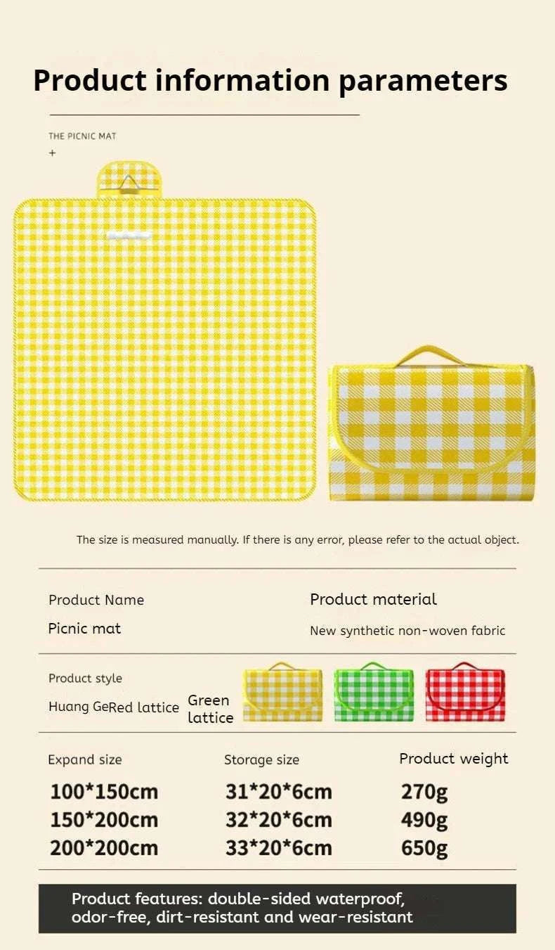 Waterproof Beach Mat Folding Mattress Portable Lightweight Picnic Mat-Yellow grid / 100-150cm