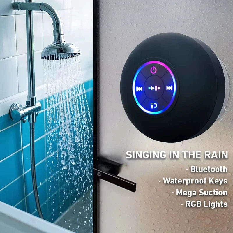 Waterproof Bluetooth Shower Speaker with Suction Cup & LED Light-Black