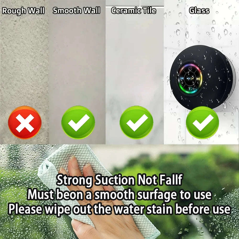 Waterproof Bluetooth Shower Speaker with Suction Cup & LED Light-Black