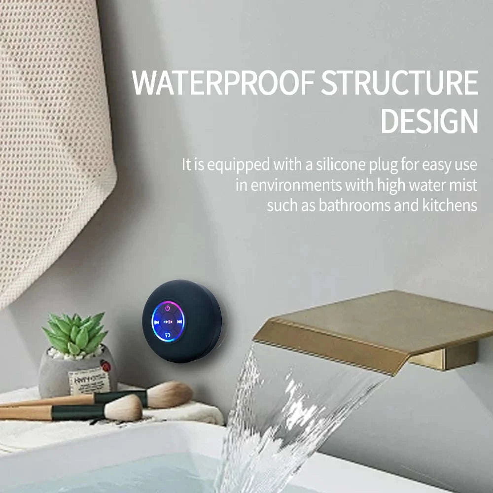 Waterproof Bluetooth Shower Speaker with Suction Cup & LED Light-Black