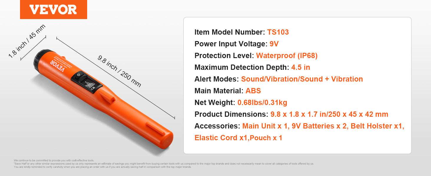 Waterproof Metal Detector Pinpointer Wand with 3 Modes-TS102 IP68 / United States