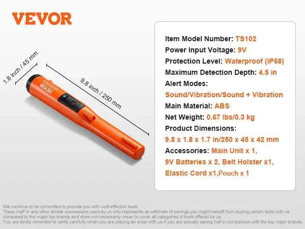 Waterproof Metal Detector Pinpointer Wand with 3 Modes-TS102 IP68 / United States