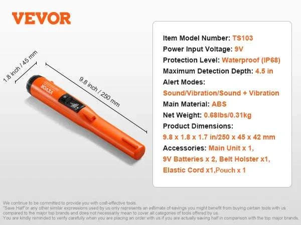 Waterproof Metal Detector Pinpointer Wand with 3 Modes-TS102 IP68 / United States