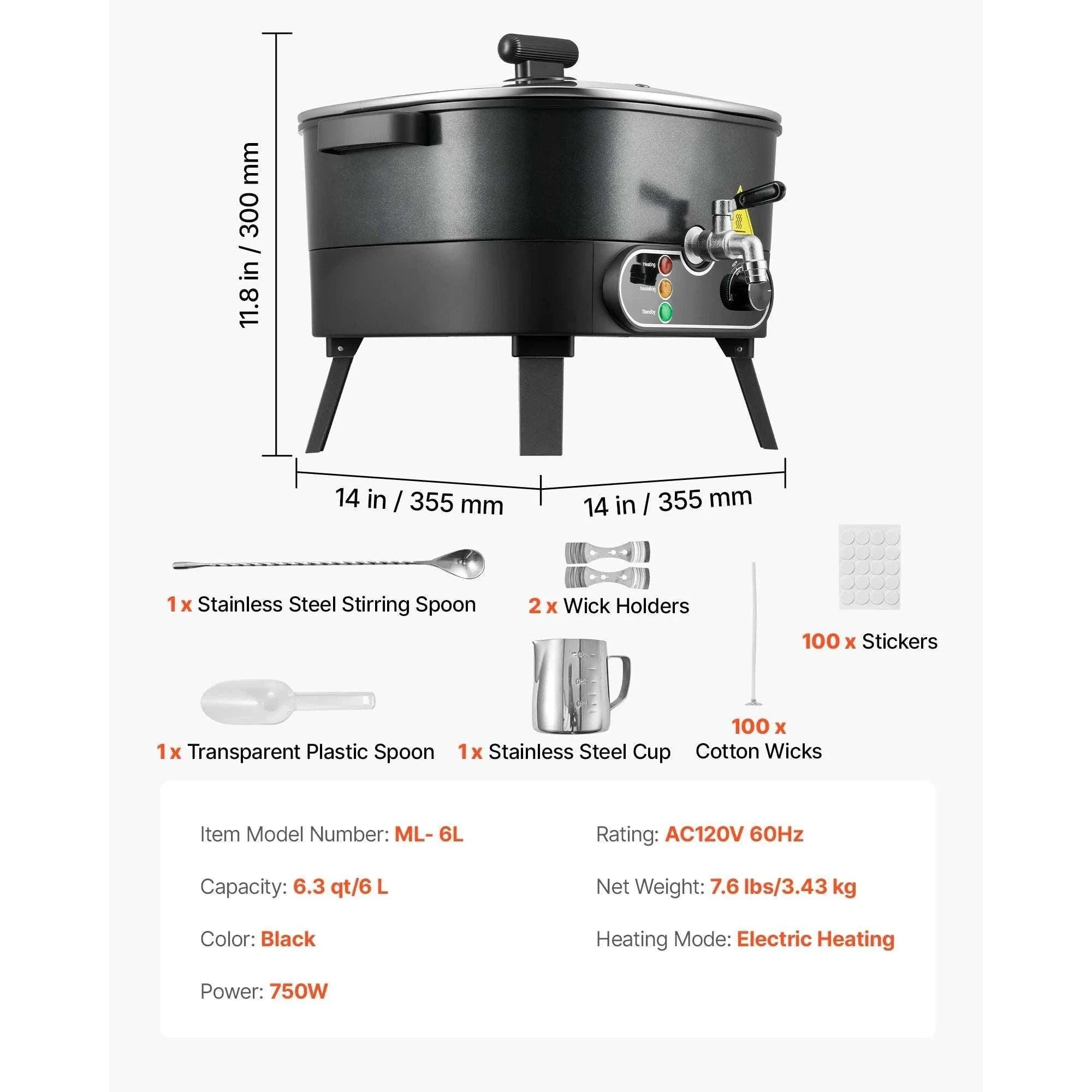Wax Melter for Candle Making with Fast Heating & Easy Pour Spout-6L 750W / United States