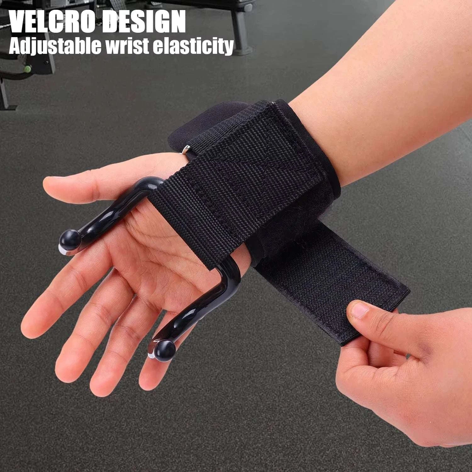Weight Lifting Hooks with Wrist Wraps for Secure Grip Training-SteelPlate Black-2pc