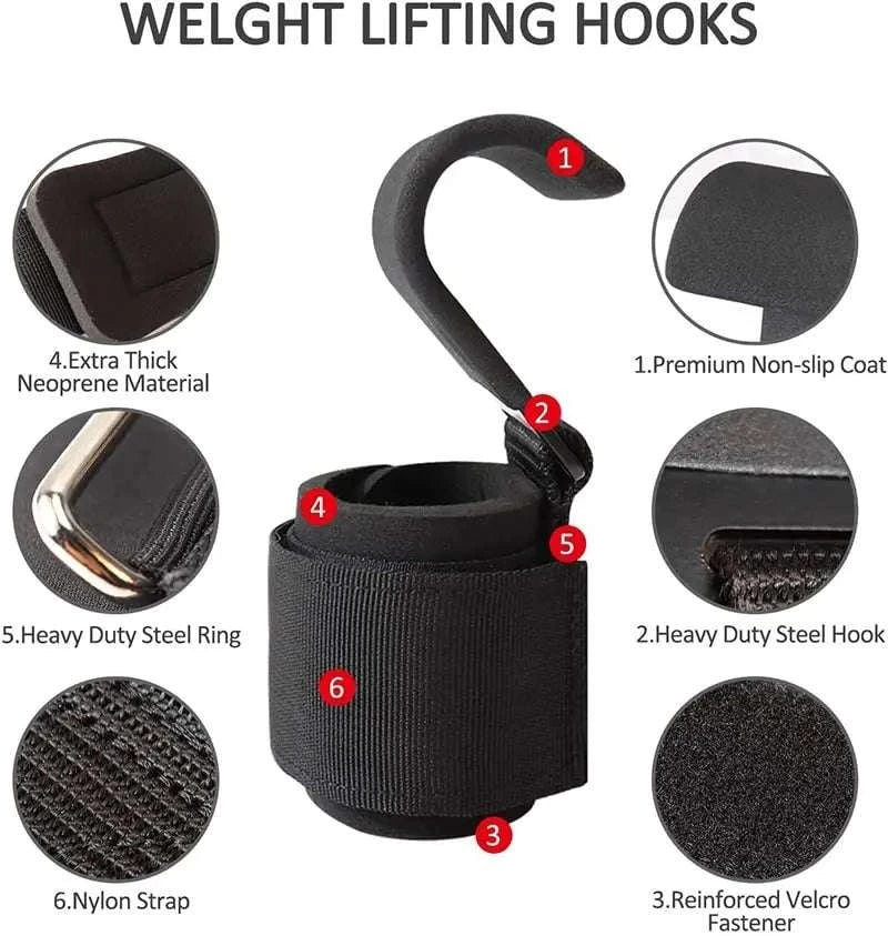 Weight Lifting Hooks with Wrist Wraps for Secure Grip Training-SteelPlate Black-2pc
