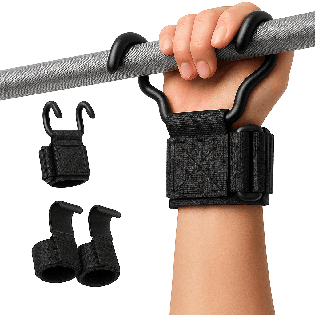 Weight Lifting Hooks with Wrist Wraps for Secure Grip Training-SteelPlate Black-2pc