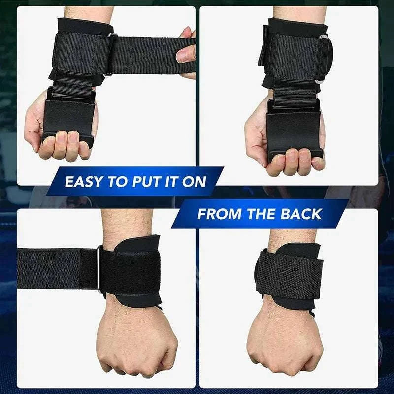 Weight Lifting Hooks with Wrist Wraps for Secure Grip Training-SteelPlate Black-2pc